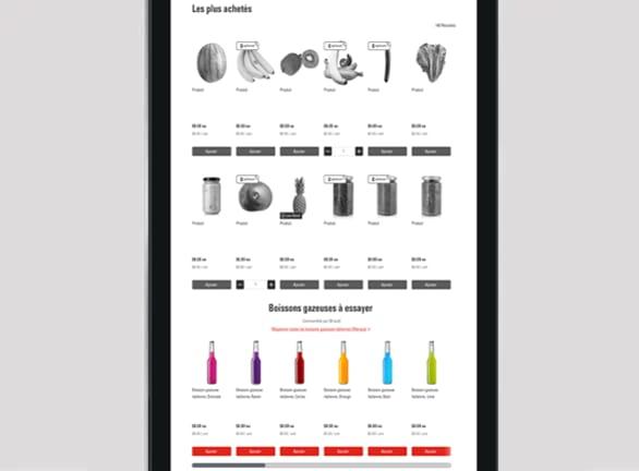 Un site de commerce électronique s’affiche sur un iPad et présente des options de boissons gazeuses.