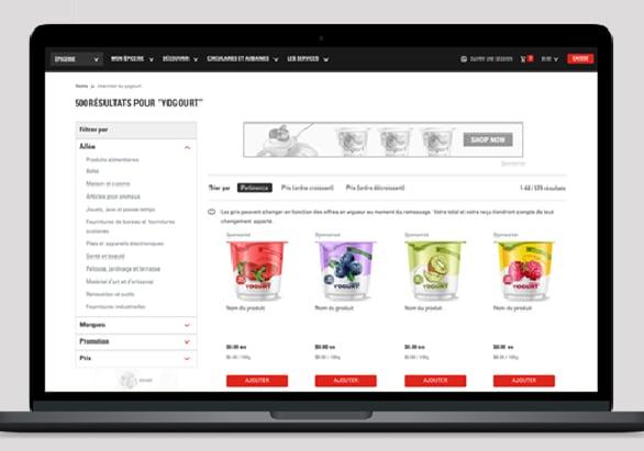 Un écran d’ordinateur portable affiche les résultats de magasinage en ligne pour du yogourt sur le site Web de Loblaws. 